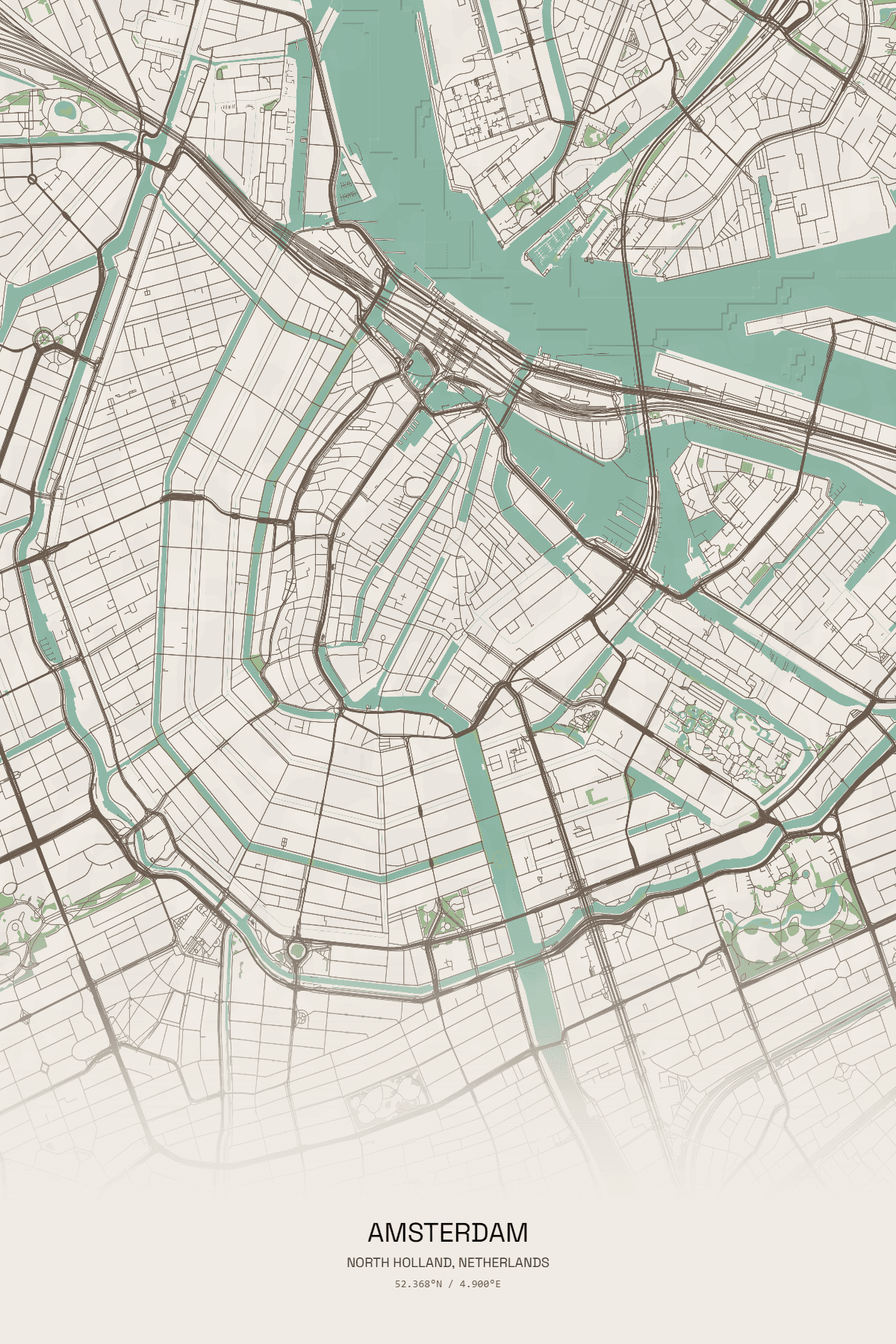 Amsterdam custom map print - vintage style with teal canals